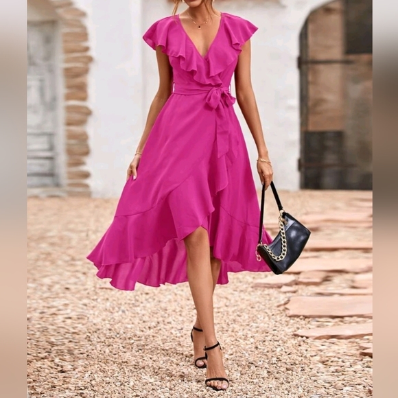 Women's Boho Chic Maxi Dress SHEIN Clasi Leopard Print Puff Sleeve Ruffle  Trim Ruched Ruffle Hem Dress SHEIN Rayon Flowy Dress With Ruffles